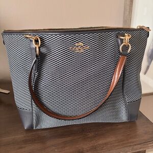 Coach Navy & White Woven Tote with Brown Leather Handles